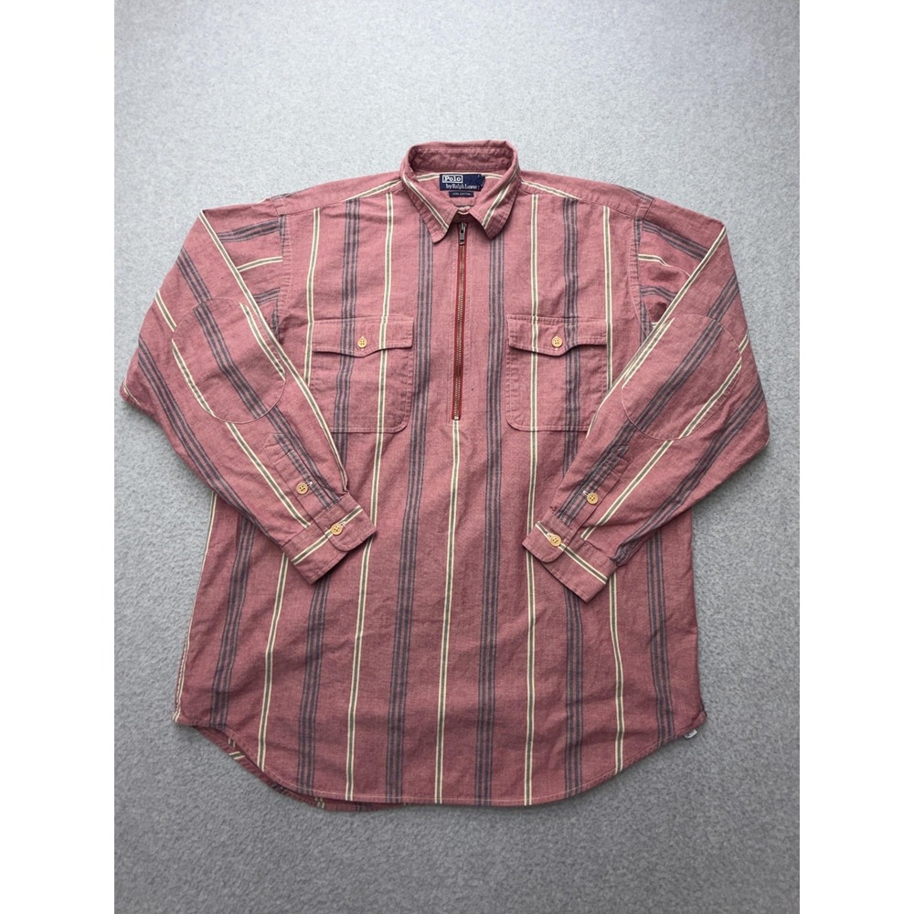 Vintage Polo Ralph Lauren Mens L Half Zip Shirt Red Stripe Elbow Patch Pockets